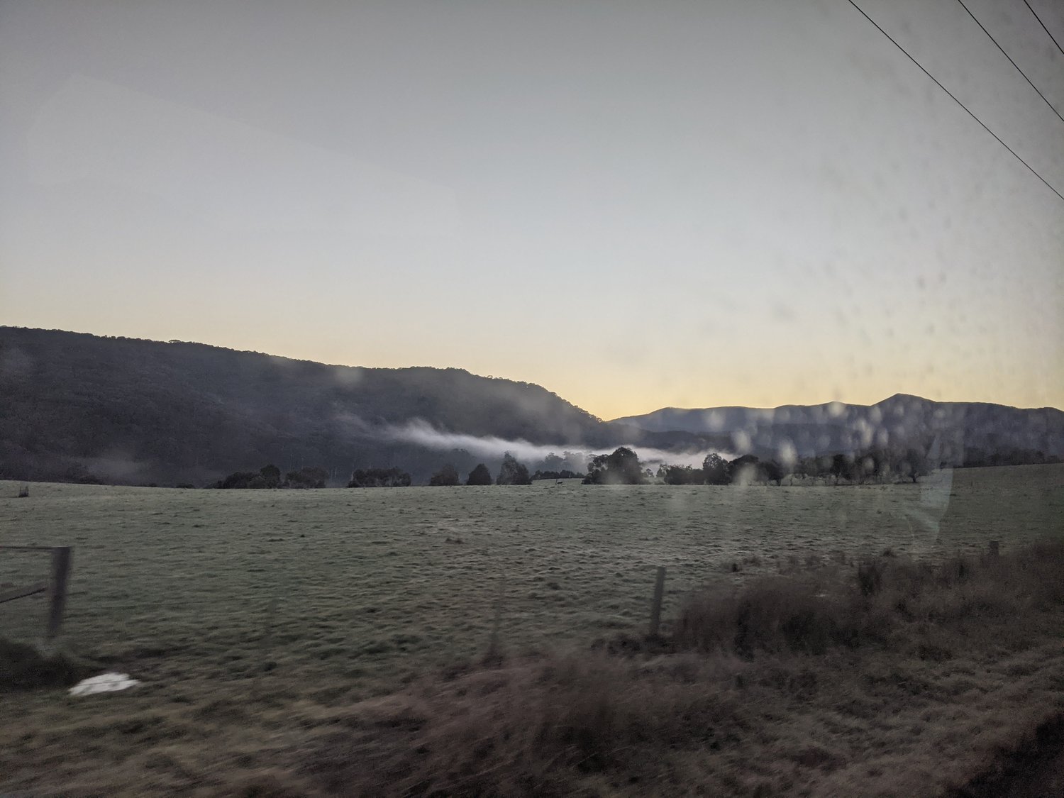 Some rainy farmland with trees and mountains in the background